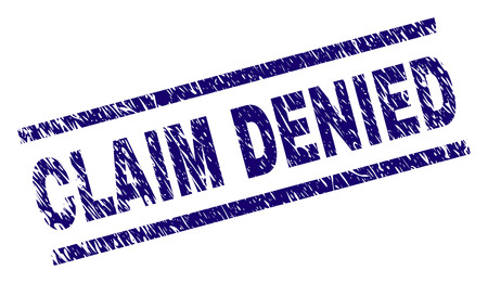 CLAIM DENIED seal print with distress style. Blue vector rubber print of CLAIM DENIED caption with retro texture. Text caption is placed between parallel lines.のイラスト素材