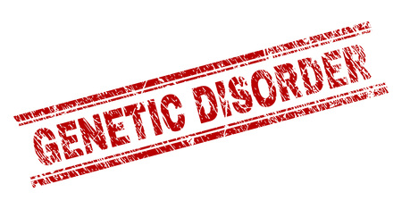 GENETIC DISORDER seal print with grunge effect. Red vector rubber print of GENETIC DISORDER text with corroded texture. Text title is placed between double parallel lines.のイラスト素材