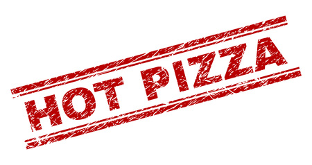 HOT PIZZA seal print with grunge texture. Red vector rubber print of HOT PIZZA text with scratched texture. Text caption is placed between double parallel lines.のイラスト素材