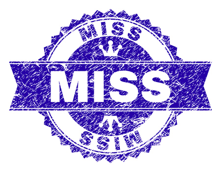 MISS rosette stamp imitation with grunge effect. Designed with round rosette, ribbon and small crowns. Blue vector rubber print of MISS text with grunge texture.のイラスト素材