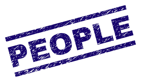 PEOPLE seal print with grunge style. Blue vector rubber print of PEOPLE title with unclean texture. Text title is placed between parallel lines.のイラスト素材