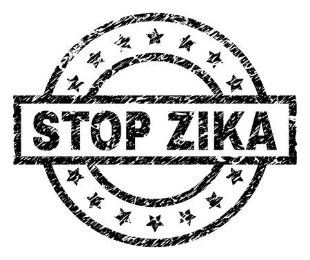 STOP ZIKA stamp seal watermark with distress style. Designed with rectangle, circles and stars. Black vector rubber print of STOP ZIKA title with unclean texture.のイラスト素材