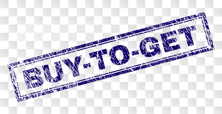 BUY-TO-GET stamp seal imprint with rubber print style and double framed rectangle shape. Stamp is placed on a transparent background. Blue vector rubber print of BUY-TO-GET tag with dust texture.のイラスト素材