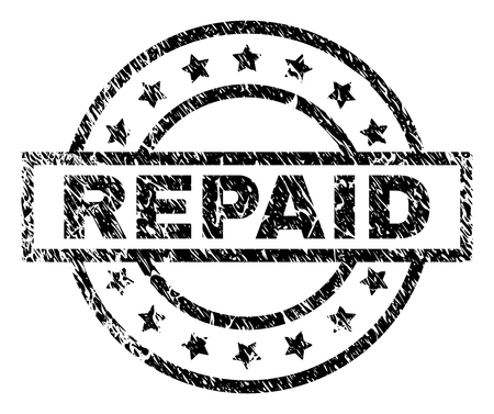 REPAID stamp seal watermark with distress style. Designed with rectangle, circles and stars. Black vector rubber print of REPAID tag with corroded texture.のイラスト素材