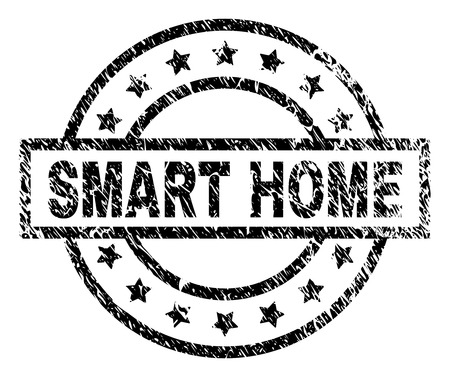 SMART HOME stamp seal watermark with distress style. Designed with rectangle, circles and stars. Black vector rubber print of SMART HOME label with dirty texture.のイラスト素材