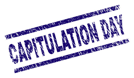 CAPITULATION DAY seal print with distress style. Blue vector rubber print of CAPITULATION DAY text with scratched texture. Text caption is placed between parallel lines.のイラスト素材