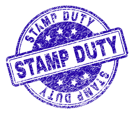 STAMP DUTY stamp seal watermark with distress texture. Designed with rounded rectangles and circles. Blue vector rubber print of STAMP DUTY tag with dirty texture.のイラスト素材