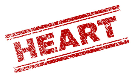 HEART seal print with grunge texture. Red vector rubber print of HEART text with retro texture. Text label is placed between double parallel lines.のイラスト素材