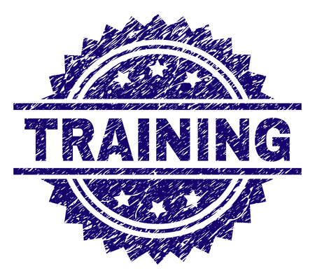 TRAINING stamp seal watermark with distress style. Blue vector rubber print of TRAINING text with scratched texture.のイラスト素材