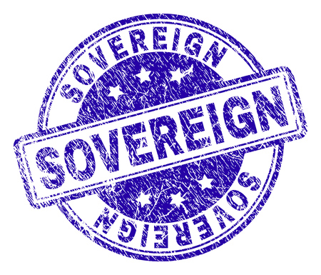 SOVEREIGN stamp seal watermark with distress texture. Designed with rounded rectangles and circles. Blue vector rubber print of SOVEREIGN label with corroded texture.のイラスト素材