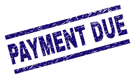 PAYMENT DUE seal print with scratced style. Blue vector rubber print of PAYMENT DUE text with corroded texture. Text label is placed between parallel lines.のイラスト素材