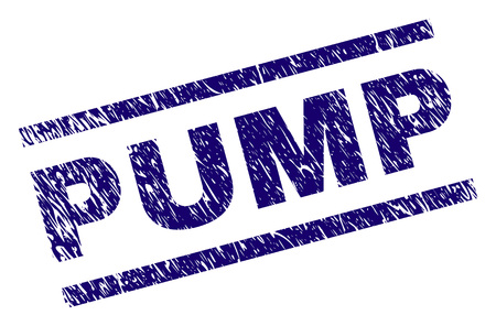 PUMP seal print with scratced style. Blue vector rubber print of PUMP text with retro texture. Text tag is placed between parallel lines.のイラスト素材