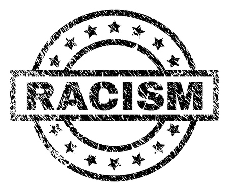 RACISM stamp seal watermark with distress style. Designed with rectangle, circles and stars. Black vector rubber print of RACISM text with dirty texture.のイラスト素材