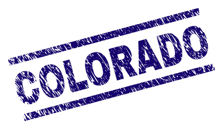 COLORADO seal print with scratced style. Blue vector rubber print of COLORADO caption with unclean texture. Text caption is placed between parallel lines.のイラスト素材