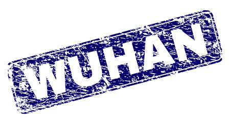 WUHAN stamp seal print with grunge style. Seal shape is a rounded rectangle with frame. Blue vector rubber print of WUHAN caption with dust style.のイラスト素材
