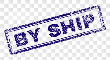 BY SHIP stamp seal print with rubber print style and double framed rectangle shape. Stamp is placed on a transparent background. Blue vector rubber print of BY SHIP title with grunge texture.のイラスト素材