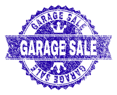 GARAGE SALE rosette seal imprint with grunge style. Designed with round rosette, ribbon and small crowns. Blue vector rubber print of GARAGE SALE tag with grunge style.のイラスト素材