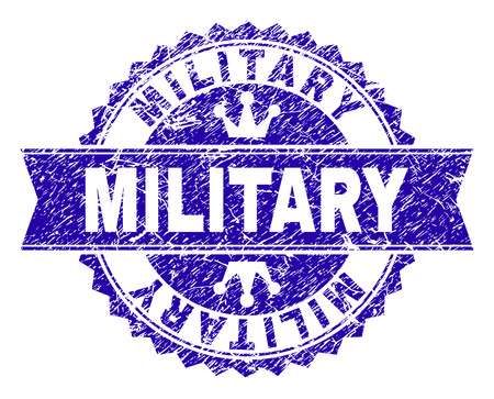 MILITARY rosette stamp seal watermark with distress texture. Designed with round rosette, ribbon and small crowns. Blue vector rubber print of MILITARY caption with scratched texture.のイラスト素材