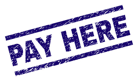 PAY HERE seal watermark with grunge style. Blue vector rubber print of PAY HERE title with grunge texture. Text title is placed between parallel lines.のイラスト素材