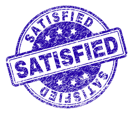 SATISFIED stamp seal watermark with distress texture. Designed with rounded rectangles and circles. Blue vector rubber print of SATISFIED caption with dirty texture.のイラスト素材