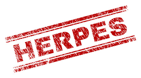 HERPES seal print with distress texture. Red vector rubber print of HERPES caption with unclean texture. Text caption is placed between double parallel lines.のイラスト素材