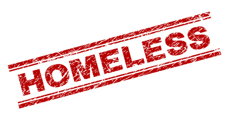 HOMELESS seal watermark with grunge texture. Red vector rubber print of HOMELESS text with unclean texture. Text caption is placed between double parallel lines.のイラスト素材