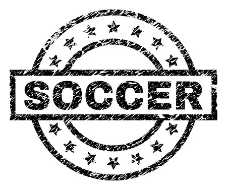 SOCCER stamp seal watermark with distress style. Designed with rectangle, circles and stars. Black vector rubber print of SOCCER tag with scratched texture.のイラスト素材