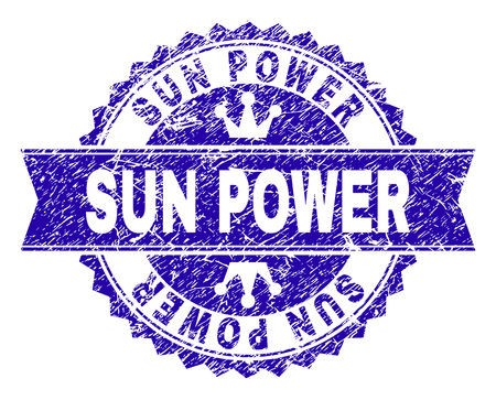 SUN POWER rosette stamp seal watermark with grunge texture. Designed with round rosette, ribbon and small crowns. Blue vector rubber print of SUN POWER title with grunge texture.のイラスト素材