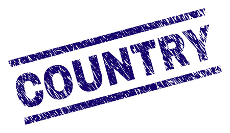 COUNTRY seal print with scratced style. Blue vector rubber print of COUNTRY text with unclean texture. Text tag is placed between parallel lines.のイラスト素材