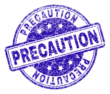 PRECAUTION stamp seal imprint with grunge texture. Designed with rounded rectangles and circles. Blue vector rubber print of PRECAUTION label with corroded texture.のイラスト素材
