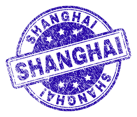 SHANGHAI stamp seal watermark with grunge texture. Designed with rounded rectangles and circles. Blue vector rubber print of SHANGHAI caption with grunge texture.のイラスト素材