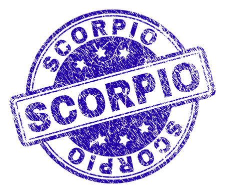 SCORPIO stamp seal imprint with grunge texture. Designed with rounded rectangles and circles. Blue vector rubber print of SCORPIO caption with scratched texture.のイラスト素材