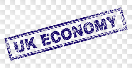 UK ECONOMY stamp seal print with grunge style and double framed rectangle shape. Stamp is placed on a transparent background. Blue vector rubber print of UK ECONOMY text with dirty texture.のイラスト素材