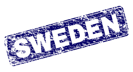 SWEDEN stamp seal print with grunge style. Seal shape is a rounded rectangle with frame. Blue vector rubber print of SWEDEN label with unclean style.のイラスト素材