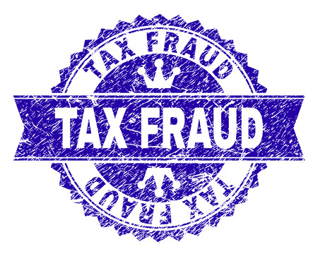 TAX FRAUD rosette stamp watermark with grunge texture. Designed with round rosette, ribbon and small crowns. Blue vector rubber watermark of TAX FRAUD tag with grunge style.のイラスト素材