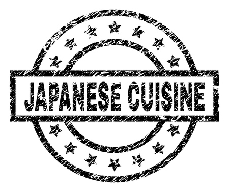 JAPANESE CUISINE stamp seal watermark with distress style. Designed with rectangle, circles and stars. Black vector rubber print of JAPANESE CUISINE label with unclean texture.のイラスト素材
