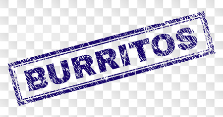BURRITOS stamp seal watermark with rubber print style and double framed rectangle shape. Stamp is placed on a transparent background. Blue vector rubber print of BURRITOS label with corroded texture.のイラスト素材
