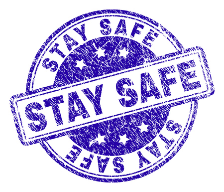 STAY SAFE stamp seal imprint with grunge texture. Designed with rounded rectangles and circles. Blue vector rubber print of STAY SAFE tag with dirty texture.のイラスト素材
