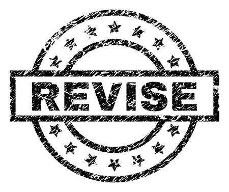 REVISE stamp seal watermark with distress style. Designed with rectangle, circles and stars. Black vector rubber print of REVISE tag with grunge texture.のイラスト素材
