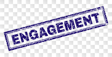 ENGAGEMENT stamp seal print with rubber print style and double framed rectangle shape. Stamp is placed on a transparent background. Blue vector rubber print of ENGAGEMENT title with retro texture.のイラスト素材