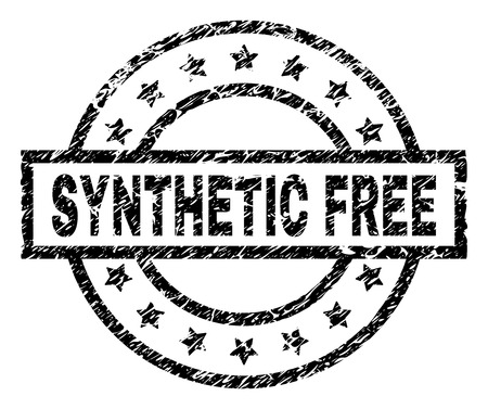 SYNTHETIC FREE stamp seal watermark with distress style. Designed with rectangle, circles and stars. Black vector rubber print of SYNTHETIC FREE text with corroded texture.のイラスト素材