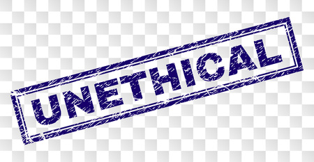 UNETHICAL stamp seal imprint with rubber print style and double framed rectangle shape. Stamp is placed on a transparent background. Blue vector rubber print of UNETHICAL tag with retro texture.のイラスト素材