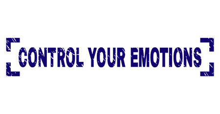 CONTROL YOUR EMOTIONS text seal stamp with grunge texture. Text caption is placed between corners. Blue vector rubber print of CONTROL YOUR EMOTIONS with grunge texture.のイラスト素材