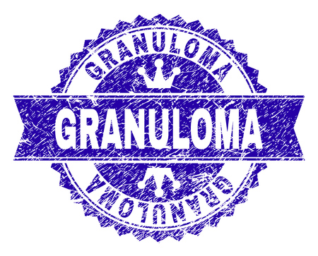 GRANULOMA rosette stamp watermark with grunge style. Designed with round rosette, ribbon and small crowns. Blue vector rubber watermark of GRANULOMA label with grunge style.のイラスト素材