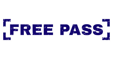 FREE PASS text seal watermark with grunge texture. Text title is placed between corners. Blue vector rubber print of FREE PASS with unclean texture.のイラスト素材