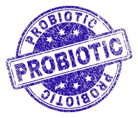 PROBIOTIC stamp seal imprint with distress texture. Designed with rounded rectangles and circles. Blue vector rubber print of PROBIOTIC caption with unclean texture.のイラスト素材