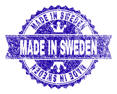 MADE IN SWEDEN rosette seal watermark with grunge style. Designed with round rosette, ribbon and small crowns. Blue vector rubber print of MADE IN SWEDEN tag with grunge style.のイラスト素材