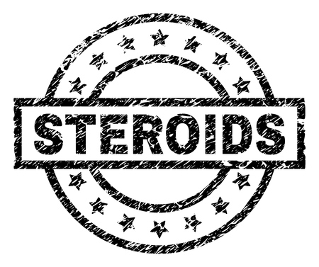 STEROIDS stamp seal watermark with distress style. Designed with rectangle, circles and stars. Black vector rubber print of STEROIDS label with unclean texture.のイラスト素材