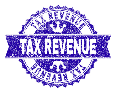 TAX REVENUE rosette stamp watermark with distress effect. Designed with round rosette, ribbon and small crowns. Blue vector rubber watermark of TAX REVENUE caption with unclean texture.のイラスト素材