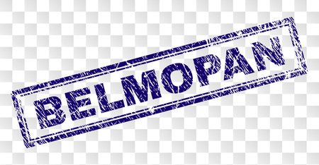 BELMOPAN stamp seal print with rubber print style and double framed rectangle shape. Stamp is placed on a transparent background. Blue vector rubber print of BELMOPAN text with dust texture.のイラスト素材